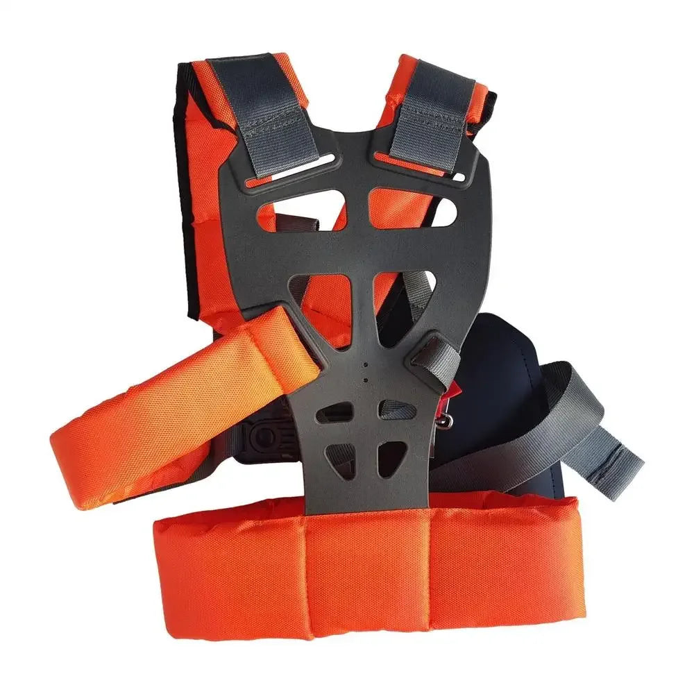 Arnes doble para desbrozadora naranja y gris con espaldar rigido y cinturon acolchado
